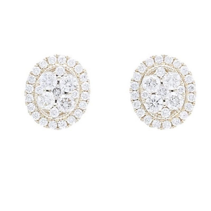 Round Cut Moonlight Oval Cluster Stud Earrings: 0.81 Carat Diamonds in 14K Yellow Gold For Sale