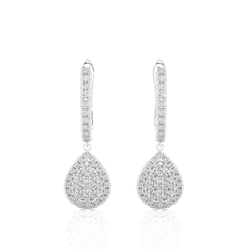 Round Cut Moonlight Pear Cluster 0.75 ctw Diamond Earrings in 14k White Gold For Sale