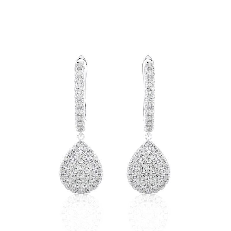 Round Cut Moonlight Pear Cluster 0.75 ctw Diamond Earrings in 14k White Gold For Sale