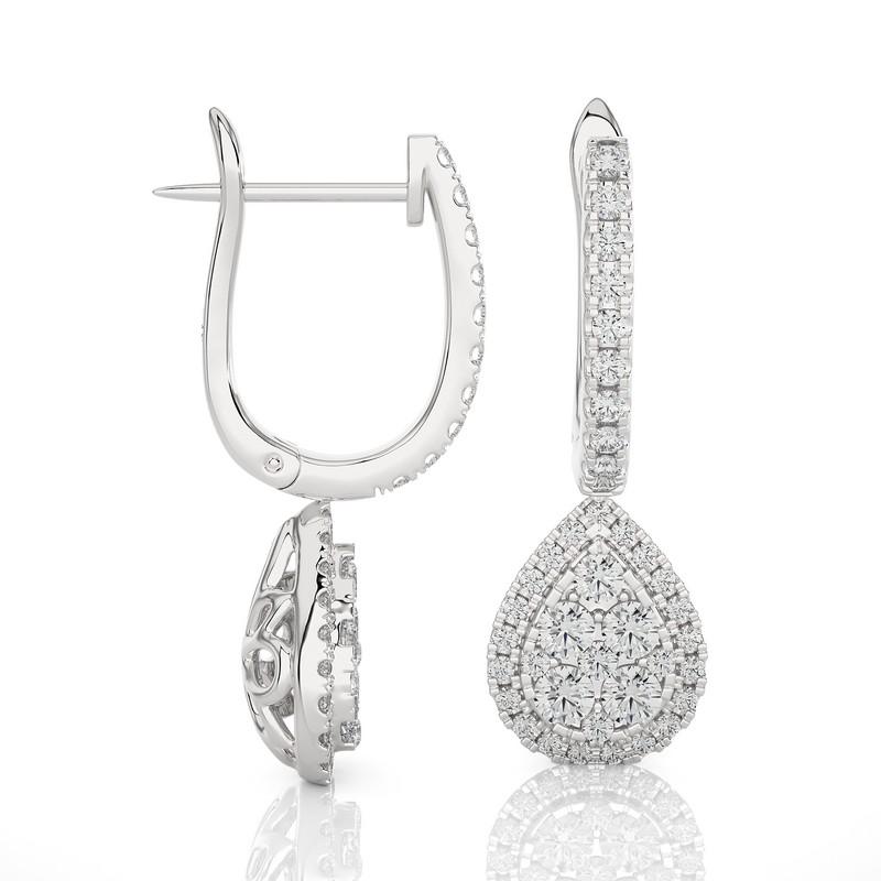 Modern Moonlight Pear Cluster 1 ctw Diamond Earrings in 14k White Gold For Sale