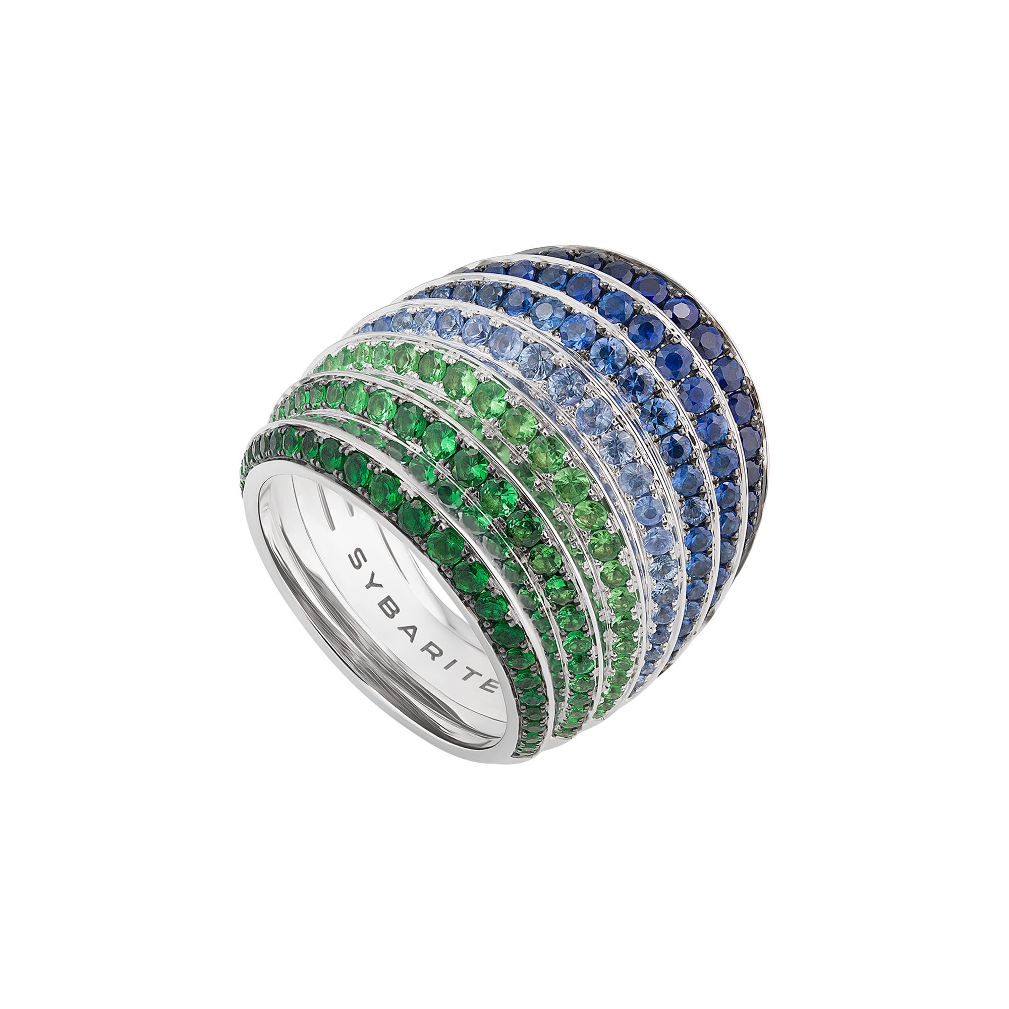 For Sale:  Moonlight Ring in 18ct White Gold with Tsavorites & Sapphires Towards the Star 8