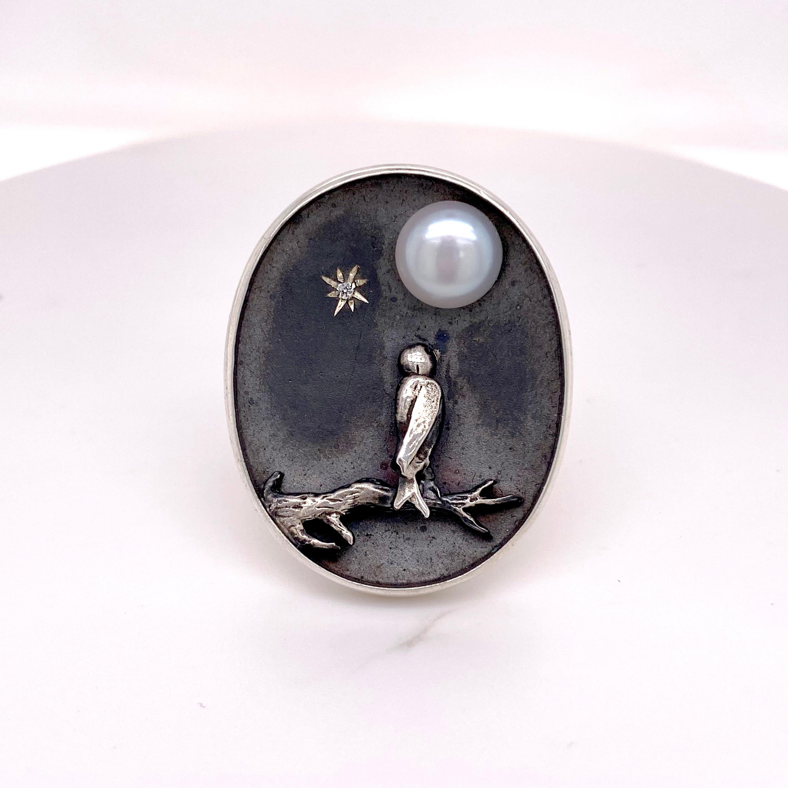 Round Cut Moonlight Ring w Bird on Tree Branch, Art Deco Style Ring with Diamond Pearl