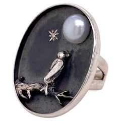 Moonlight Ring w Bird on Tree Branch, Art Deco Style Ring with Diamond Pearl