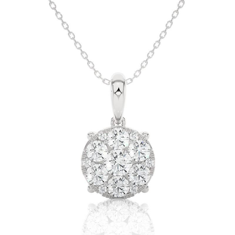 Round Cut Moonlight Round Cluster Diamond Pendant: 0.77 Carat Diamonds in 14k White Gold For Sale