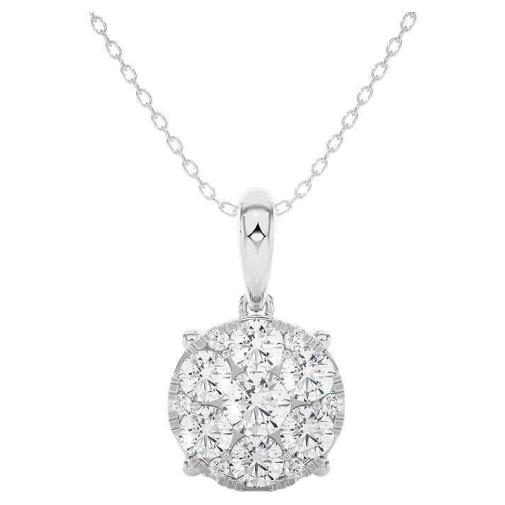 Moonlight Round Cluster Diamond Pendant: 0.77 Carat Diamonds in 14k White Gold For Sale