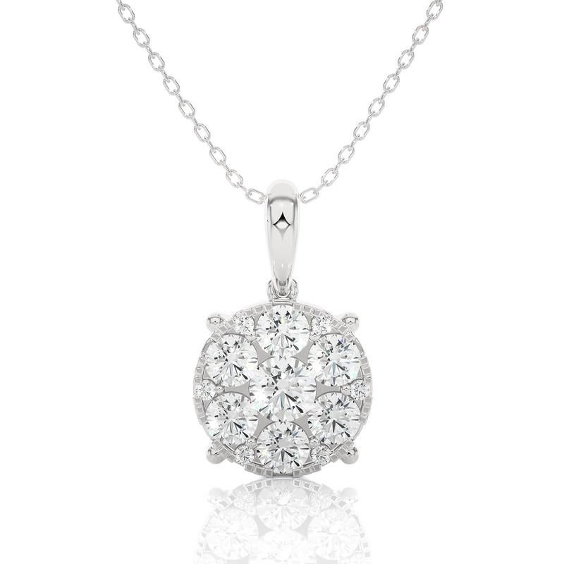 Round Cut Moonlight Round Cluster Diamond Pendant: 1 Carat Diamonds in 14k White Gold For Sale