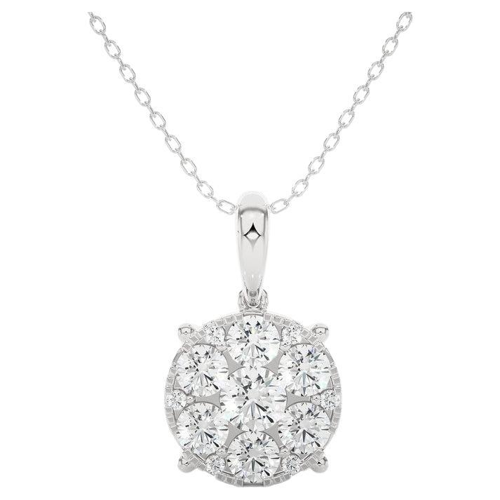 Moonlight Round Cluster Diamond Pendant: 1 Carat Diamonds in 14k White Gold For Sale