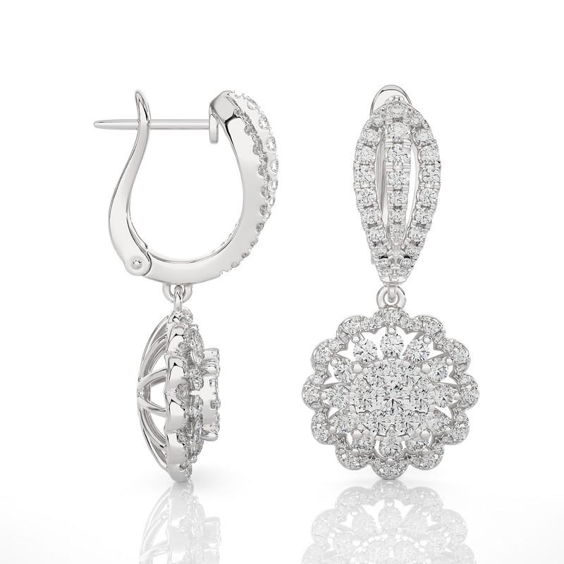 Round Cut Moonlight Round Cluster Earring: 1.2 Carat Diamond in 14K White Gold For Sale