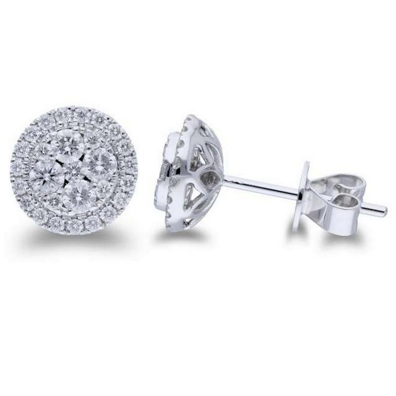 Diamond Total Carat Weight: Elevate your elegance with the Moonlight Round Cluster Earring Studs, featuring a total of 0.8 carats of diamonds. This exquisite pair showcases the brilliance of 56 round diamonds meticulously set in luminous 14K white