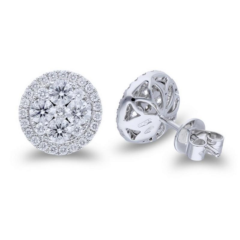 Round Cut Moonlight Round Cluster Earring Stud: 1.75 Carat Diamonds in 14K White Gold For Sale