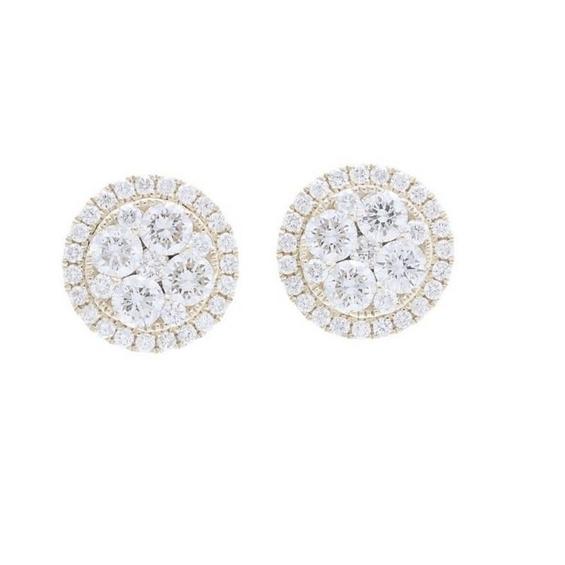 Modern Moonlight Round Cluster Earring Stud: 1.75 Carat Diamonds in 14K Yellow Gold For Sale