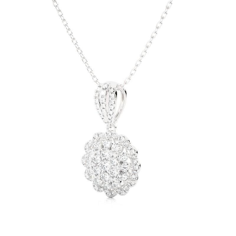 Poids en carats : Ce captivant pendentif en forme de grappe au clair de lune affiche un poids total de 6/7 carats, promettant un éclat radieux et éblouissant qui capture l'essence de la beauté céleste.

Diamants : Le pendentif est orné de 81