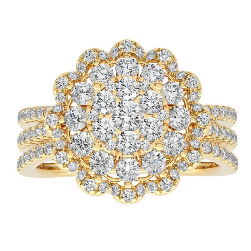 Modern Moonlight Round Cluster Ring: 1.4 Carat Diamond in 14K Yellow Gold For Sale