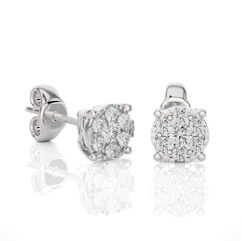 Round Cut Moonlight Round Cluster Stud Earrings: 0.27 Carat Diamonds in 14k White Gold For Sale