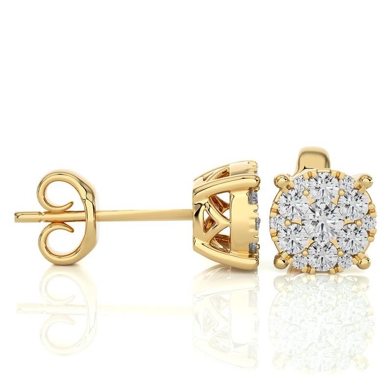 Modern Moonlight Round Cluster Stud Earrings: 0.45 Carat Diamonds in 14k Yellow Gold For Sale