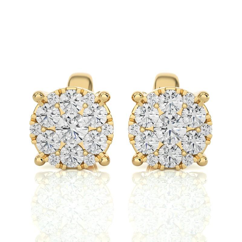 Round Cut Moonlight Round Cluster Stud Earrings: 0.45 Carat Diamonds in 14k Yellow Gold For Sale