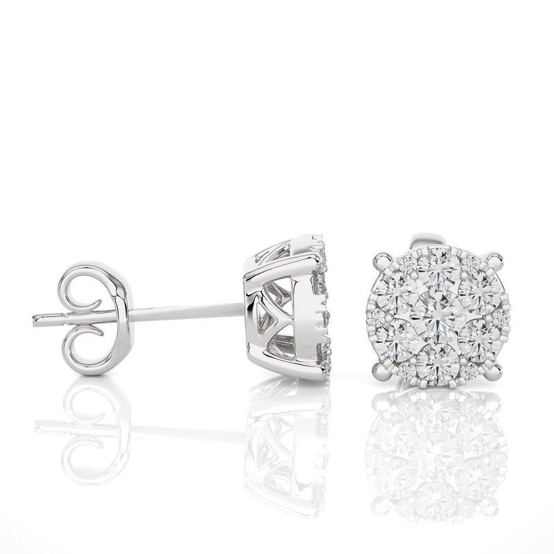 Modern Moonlight Round Cluster Stud Earrings: 0.7 Carat Diamonds in 14k White Gold For Sale