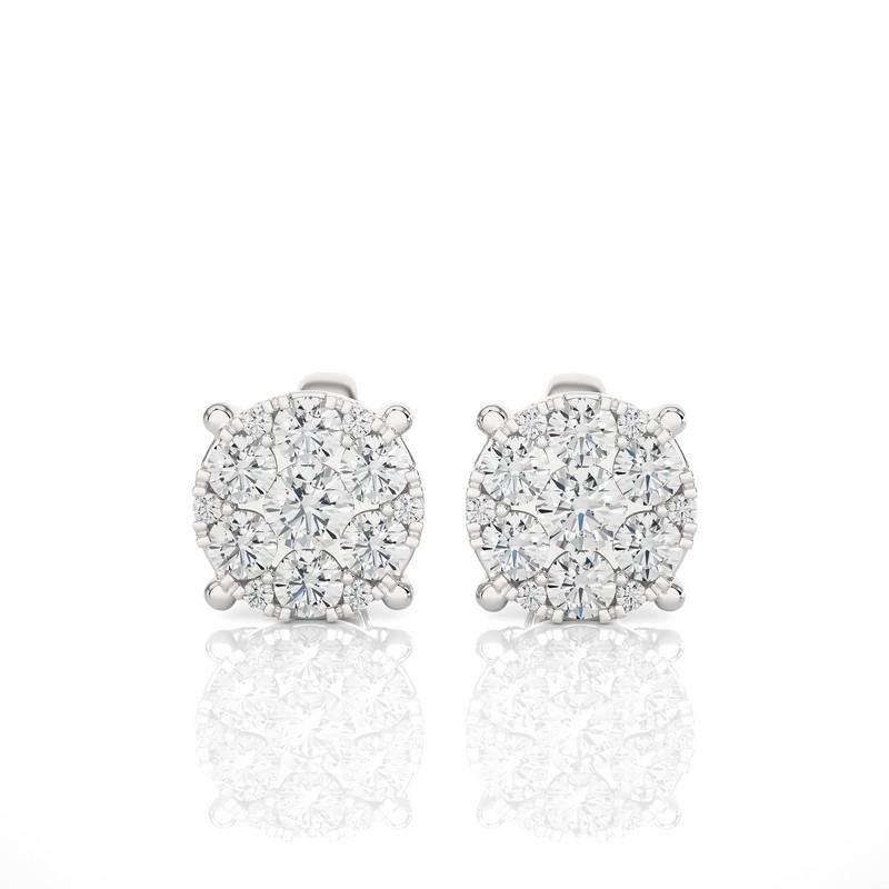 Round Cut Moonlight Round Cluster Stud Earrings: 0.7 Carat Diamonds in 14k White Gold For Sale