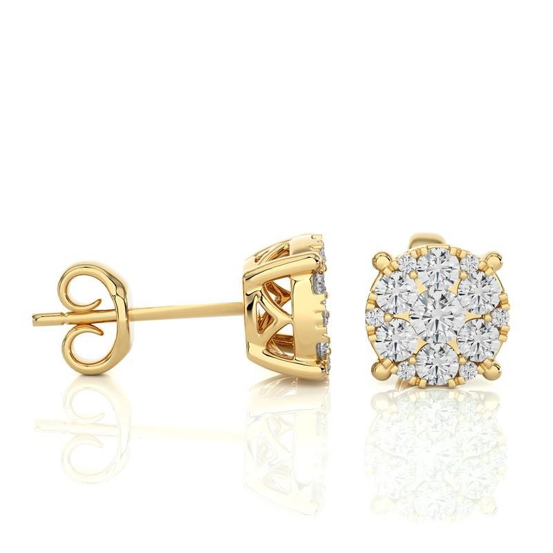 Modern Moonlight Round Cluster Stud Earrings: 0.7 Carat Diamonds in 14k Yellow Gold For Sale