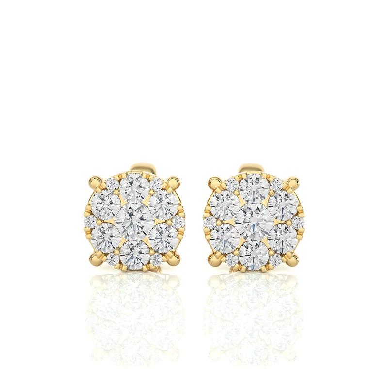 Round Cut Moonlight Round Cluster Stud Earrings: 0.7 Carat Diamonds in 14k Yellow Gold For Sale