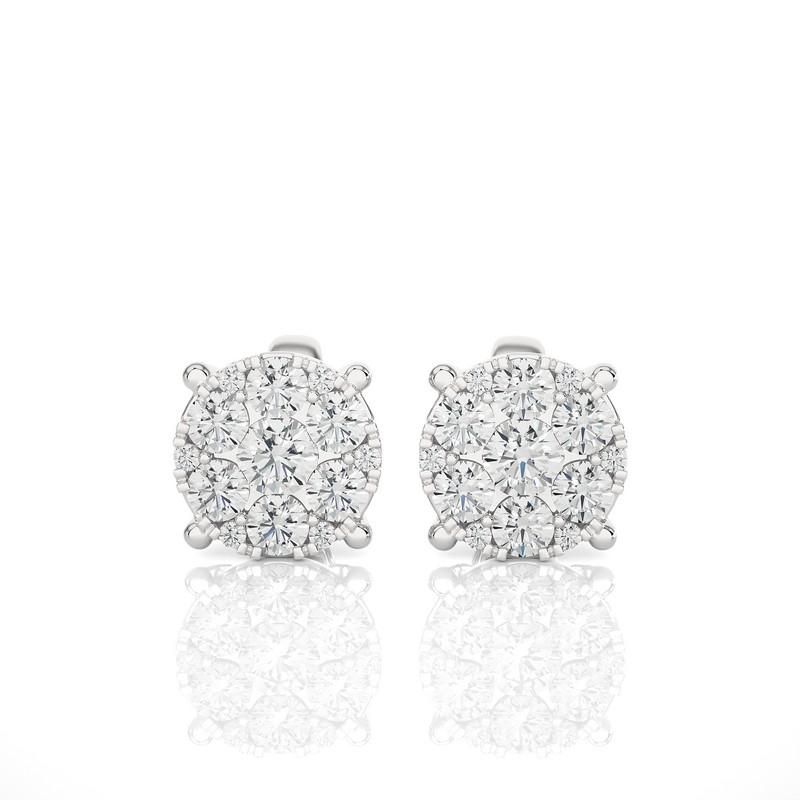 Round Cut Moonlight Round Cluster Stud Earrings: 0.7 Carat Diamonds in 18k White Gold For Sale