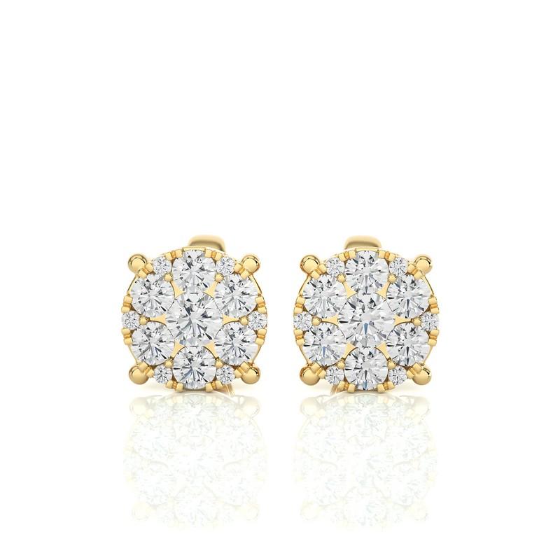 Round Cut Moonlight Round Cluster Stud Earrings: 0.7 Carat Diamonds in 18k Yellow Gold For Sale
