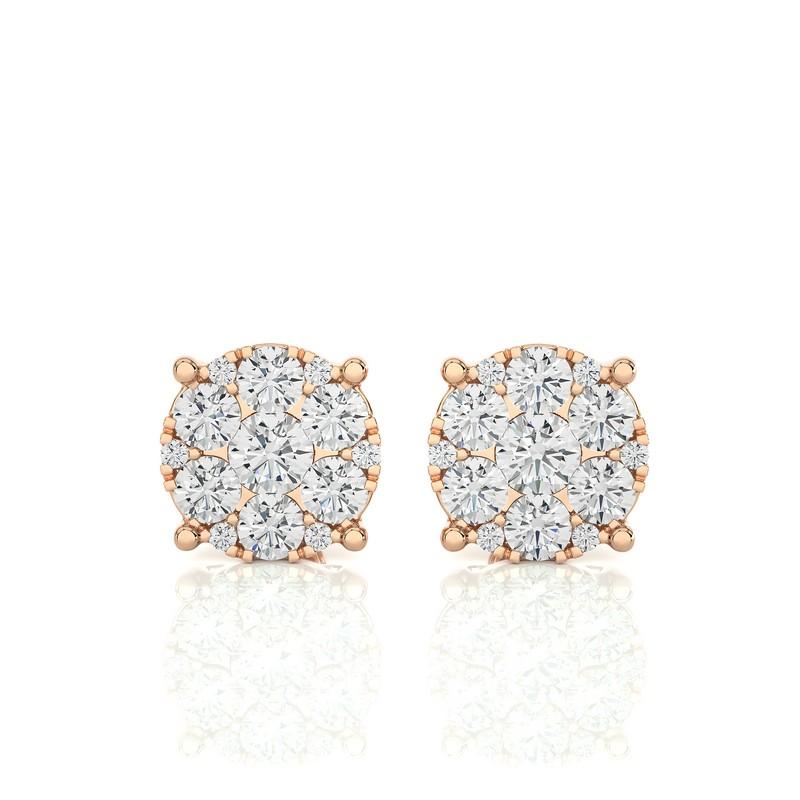 Round Cut Moonlight Round Cluster Stud Earrings: 1 Carat Diamonds in 14k Rose Gold For Sale