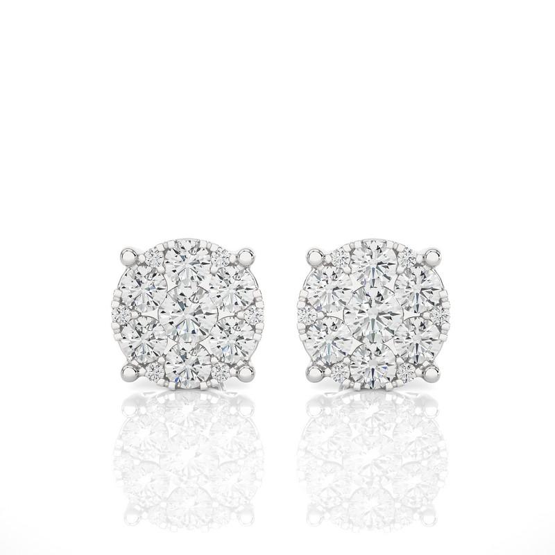 Modern Moonlight Round Cluster Stud Earrings: 1 Carat Diamonds in 14k White Gold For Sale