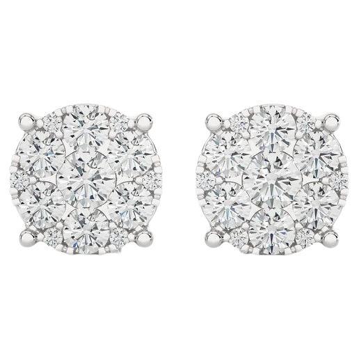 Moonlight Round Cluster Stud Earrings: 1 Carat Diamonds in 14k White Gold For Sale