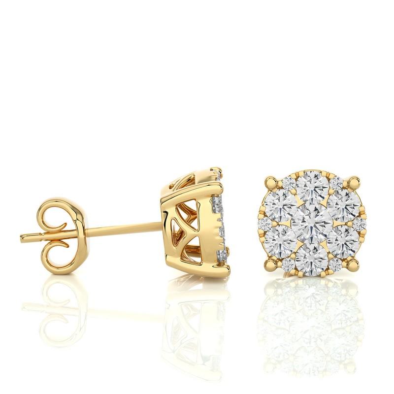 Modern Moonlight Round Cluster Stud Earrings: 1 Carat Diamonds in 14k Yellow Gold For Sale