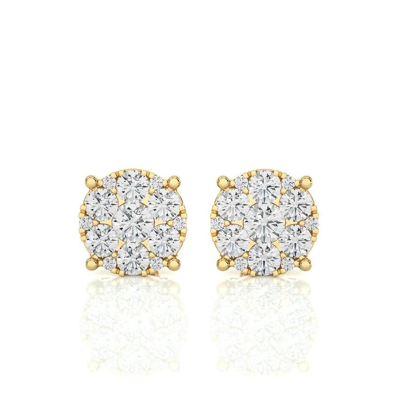 Round Cut Moonlight Round Cluster Stud Earrings: 1 Carat Diamonds in 14k Yellow Gold For Sale