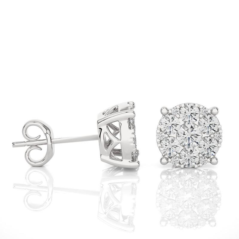 Modern Moonlight Round Cluster Stud Earrings: 1 Carat Diamonds in 18k White Gold For Sale