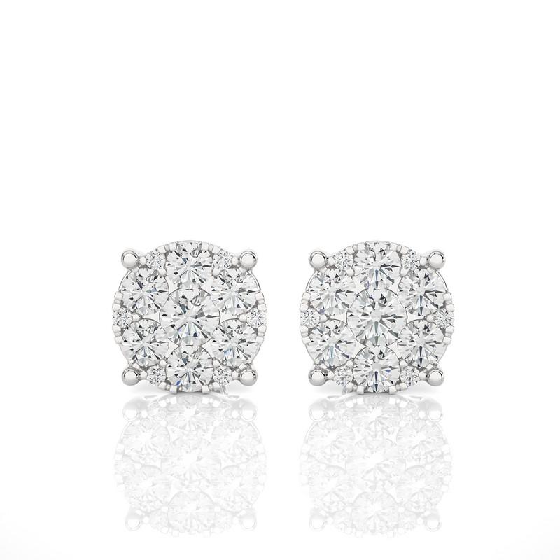 Round Cut Moonlight Round Cluster Stud Earrings: 1 Carat Diamonds in 18k White Gold For Sale