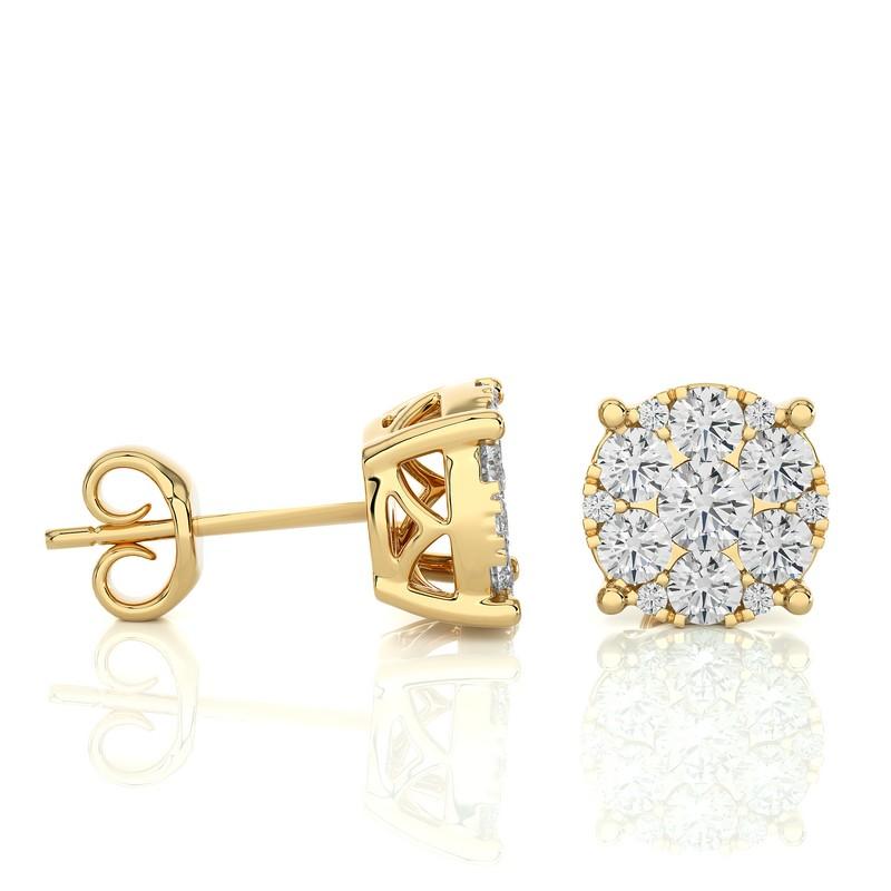 Modern Moonlight Round Cluster Stud Earrings: 1 Carat Diamonds in 18k Yellow Gold For Sale