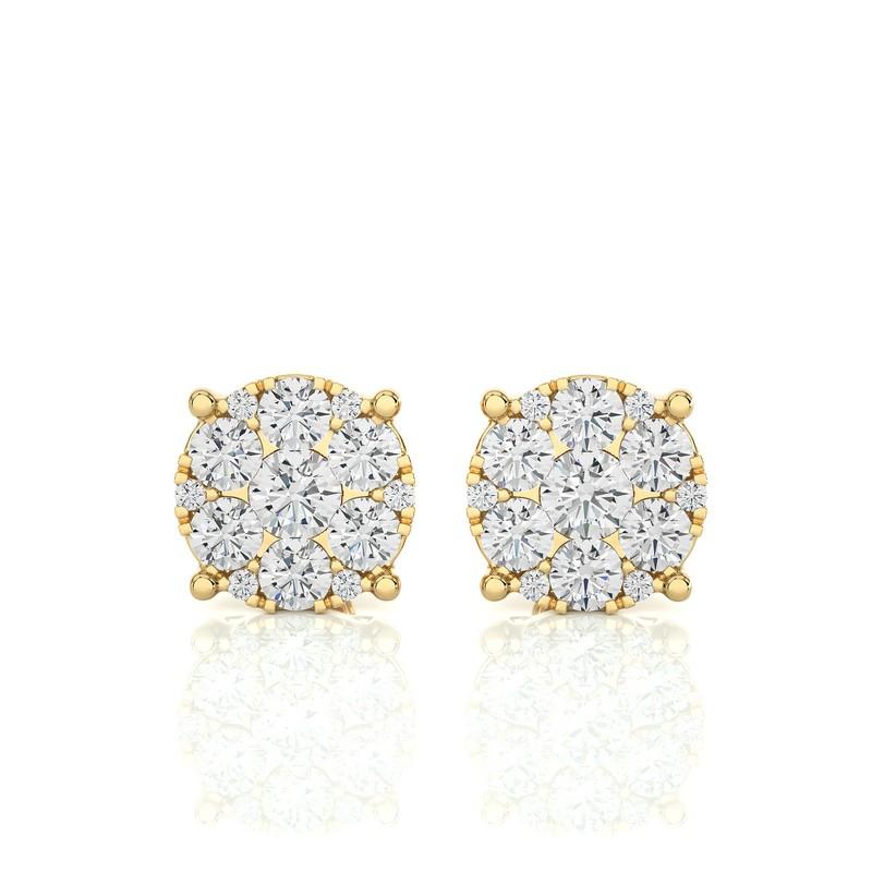 Round Cut Moonlight Round Cluster Stud Earrings: 1 Carat Diamonds in 18k Yellow Gold For Sale