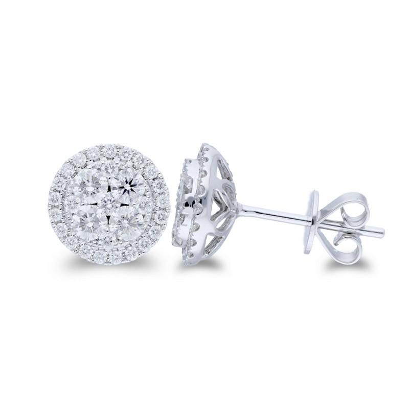 Diamond Total Carat Weight: These exquisite stud earrings boast a total carat weight of 0.59 carats, featuring a cluster of 54 round diamonds meticulously arranged for maximum brilliance.

Diamonds: The earrings are adorned with a stunning array of