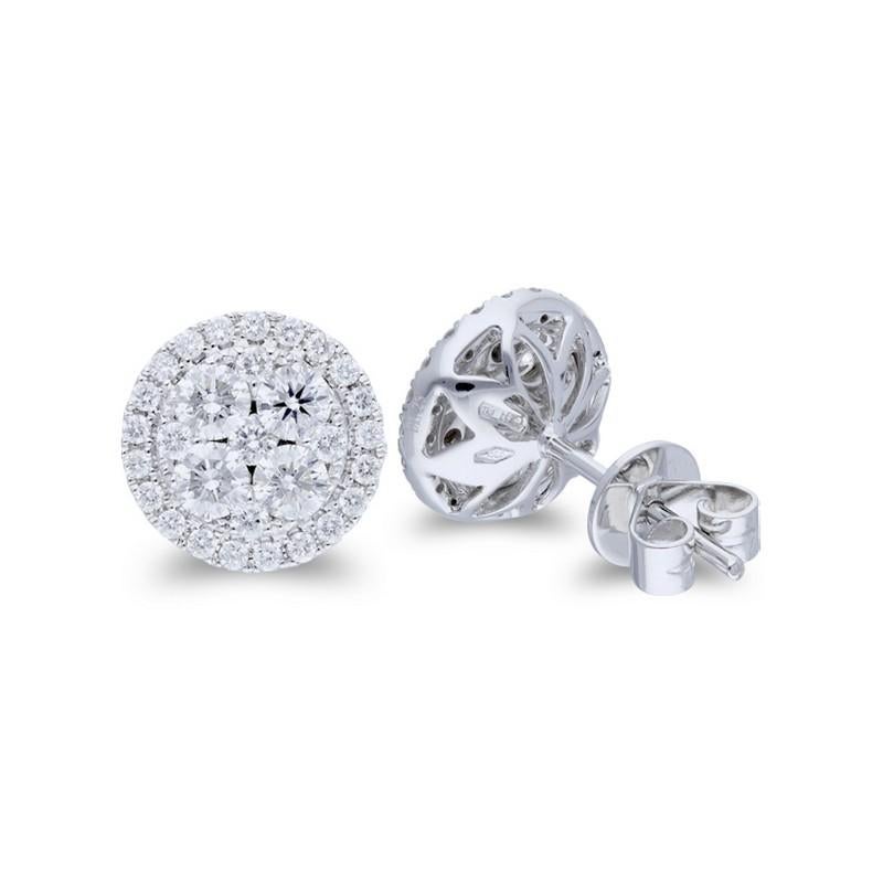 Round Cut Moonlight Round Cluster Stud Earrings: 1.25 Carat Diamonds in 14K White Gold For Sale