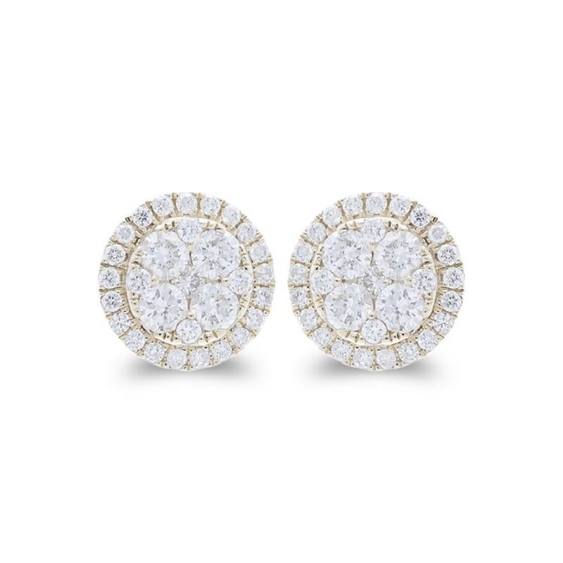 Modern Moonlight Round Cluster Stud Earrings: 1.25 Carat Diamonds in 14K Yellow Gold For Sale