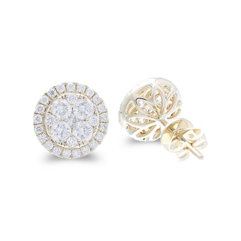 Round Cut Moonlight Round Cluster Stud Earrings: 1.25 Carat Diamonds in 14K Yellow Gold For Sale
