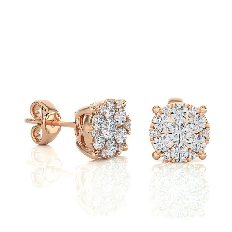 Modern Moonlight Round Cluster Stud Earrings: 1.3 Carat Diamonds in 14K Rose Gold For Sale