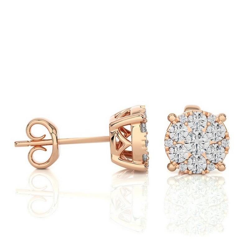 Round Cut Moonlight Round Cluster Stud Earrings: 1.3 Carat Diamonds in 14K Rose Gold For Sale