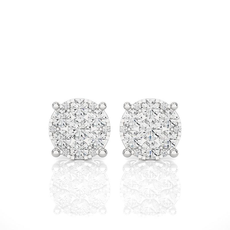 Modern Moonlight Round Cluster Stud Earrings: 1.3 Carat Diamonds in 14k White Gold For Sale