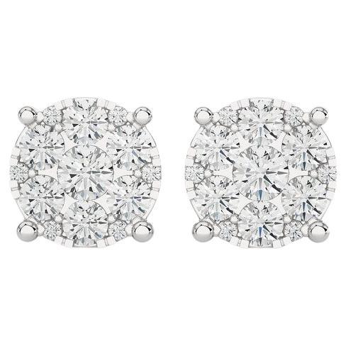 Moonlight Round Cluster Stud Earrings: 1.3 Carat Diamonds in 14k White Gold For Sale