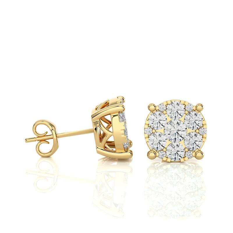 Modern Moonlight Round Cluster Stud Earrings: 1.3 Carat Diamonds in 14k Yellow Gold For Sale