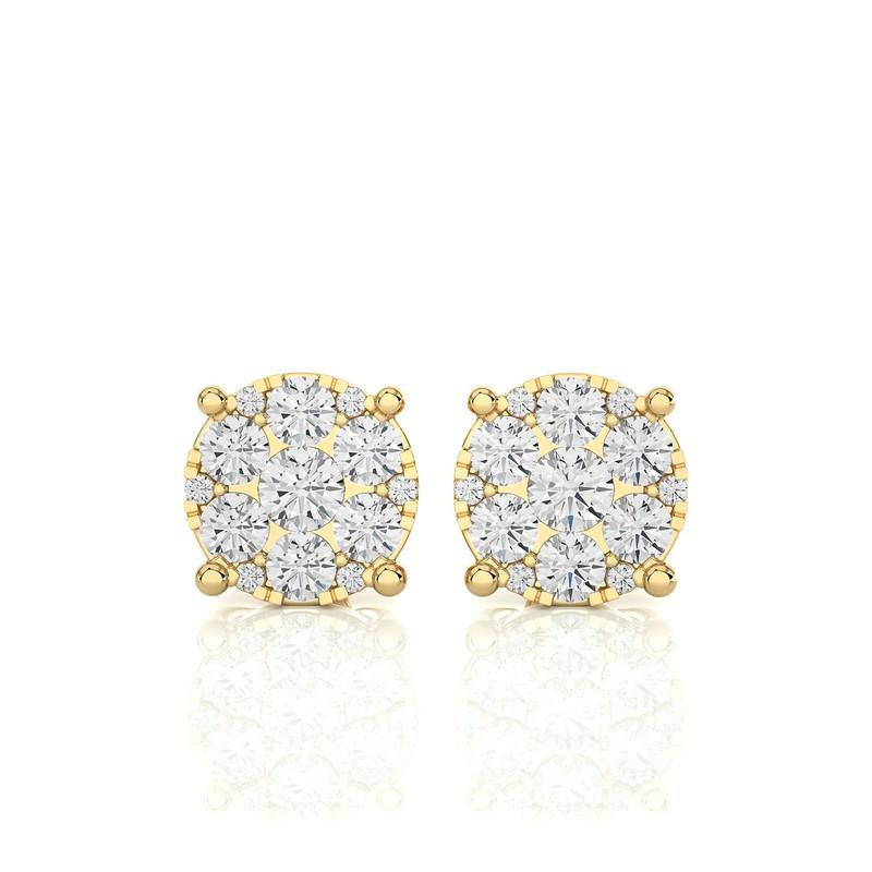 Round Cut Moonlight Round Cluster Stud Earrings: 1.3 Carat Diamonds in 14k Yellow Gold For Sale