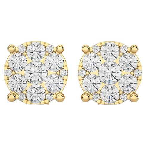 Moonlight Round Cluster Stud Earrings: 1.3 Carat Diamonds in 14k Yellow Gold For Sale