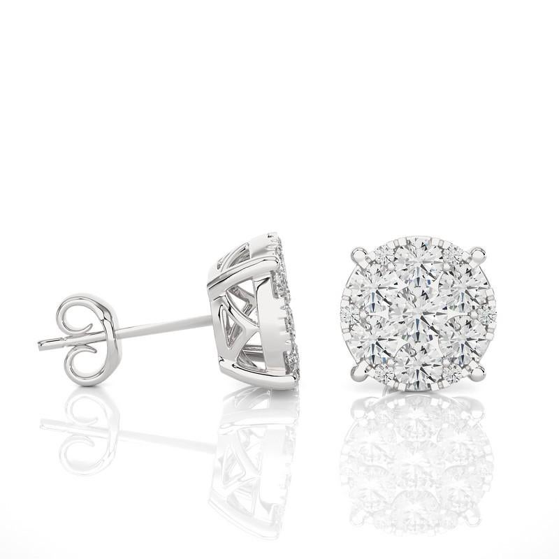 Modern Moonlight Round Cluster Stud Earrings: 1.9 Carat Diamonds in 14k White Gold For Sale