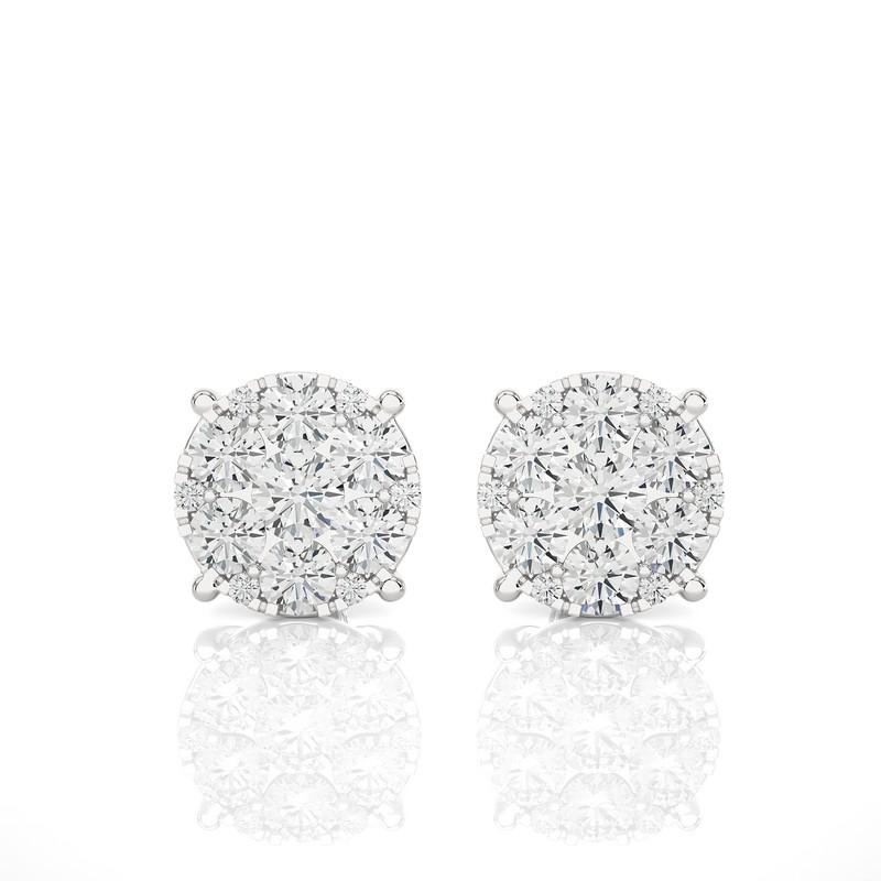 Round Cut Moonlight Round Cluster Stud Earrings: 1.9 Carat Diamonds in 14k White Gold For Sale