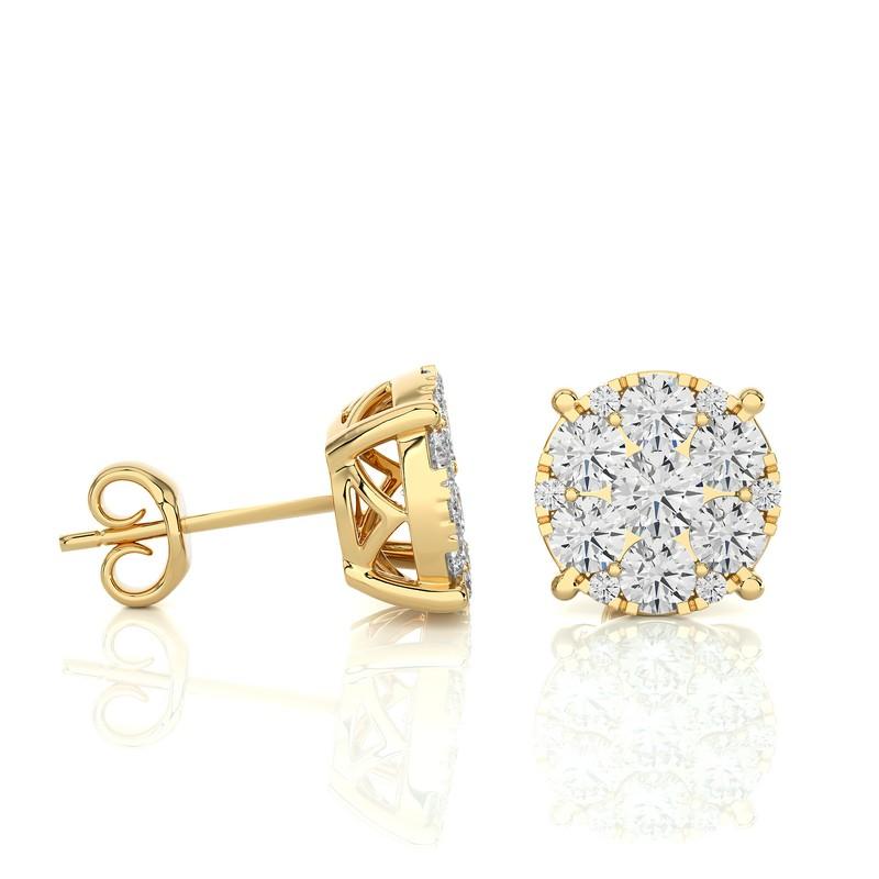 Modern Moonlight Round Cluster Stud Earrings: 1.9 Carat Diamonds in 14k Yellow Gold For Sale
