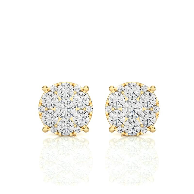 Round Cut Moonlight Round Cluster Stud Earrings: 1.9 Carat Diamonds in 14k Yellow Gold For Sale
